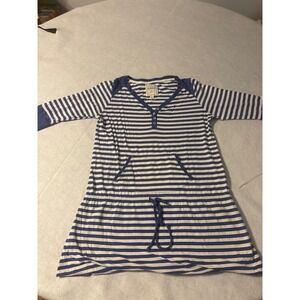 Merona Blue White Striped Henley Mini Dress Drawstring Waist XL Pockets